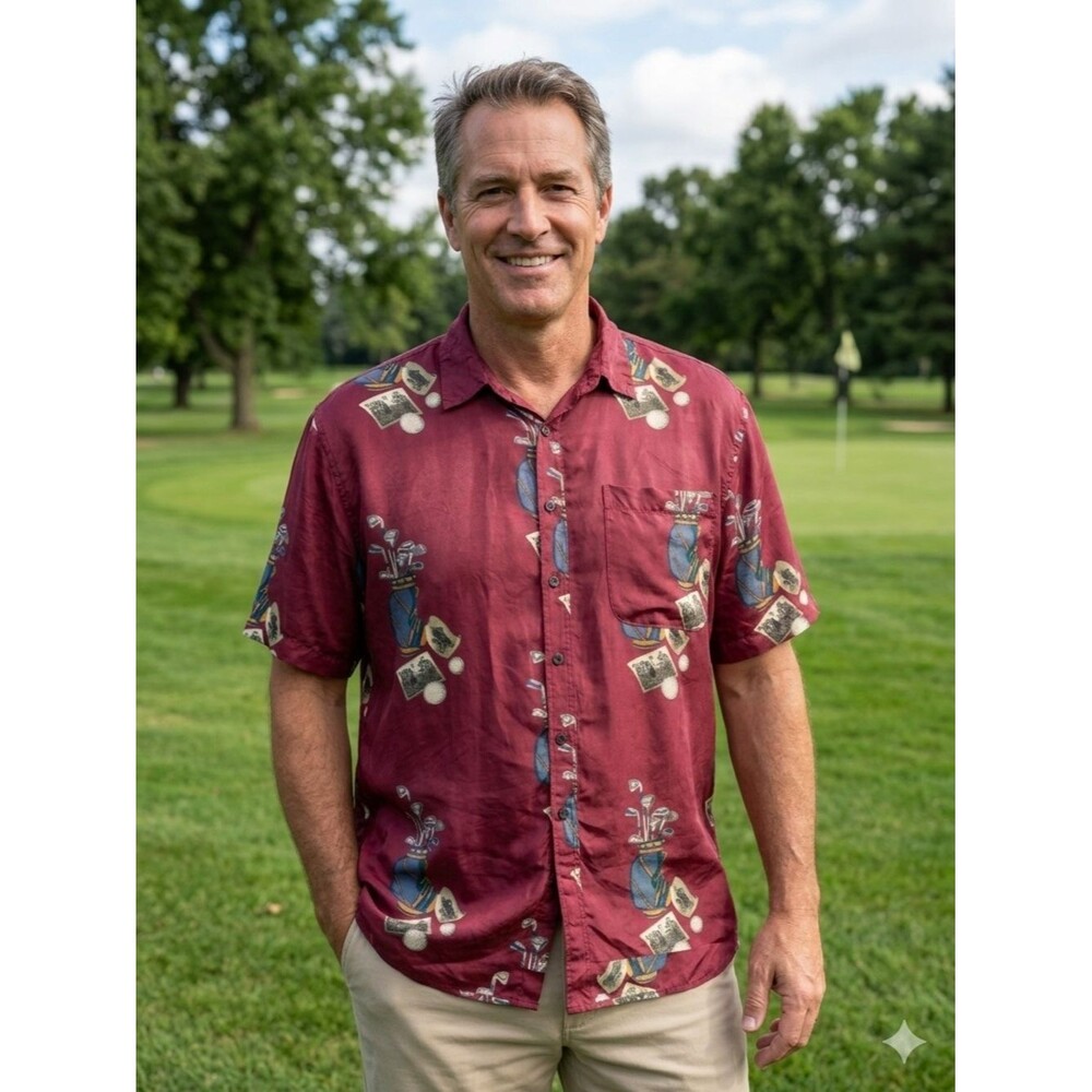 Volare Vintage 100% Silk Golf Novelty Print Camp Shirt Men's Medium
